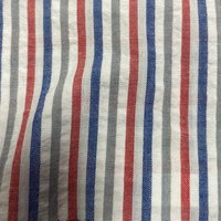 Tissu coton gaufré léger rayures fines rouge gris bleu - Mondial Tissus