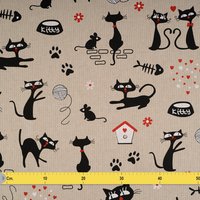 Tissu coton épais bachette chat en amour noir - Mondial Tissus