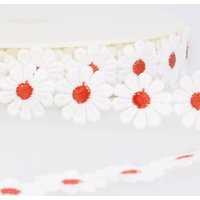 Ruban guipure pâquerette blanche et rouge 25mm - Mondial Tissus