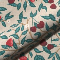 Tissu bachette linenlook imprimé fraise et cerise en fleurs rouge - Mondial Tissus