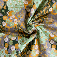 Tissu japonais multi fleurs et géométrique vert - NAKA - Naka - Mondial Tissus