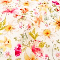 Tissu sergé polyester léger blanc imprimé floral rose jaune - Mondial Tissus