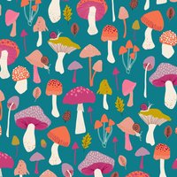 Tissu popeline coton bleu imprimé champignons à gogo orange Woodland Wander - Dashwood - Dashwood Studio - Mondial Tissus