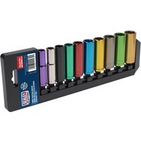 Sealey 10 Piece 3/8" Drive Coloured Deep HeX WallDrive Socket Set Metric