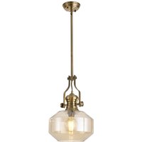 Cairo Single Ceiling Pendant, E27, Round Champfered Glass, Antique Brass, Cognac