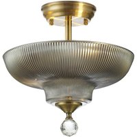 Dresden 2 Light Semi Flush Ceiling Lamp E27 With Round 30cm Glass Shade Antique Brass, Smoked