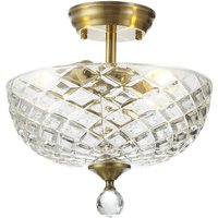 Dresden 2 Light Semi Flush Ceiling Lamp E27 With Flat Round 30cm Patterned Glass Shade Antique Brass, Clear