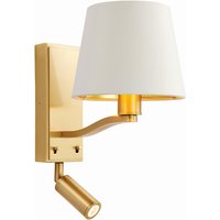 Harvey Indoor Wall Reading Lamp Satin Brushed Gold, Vintage White Faux Silk, E14