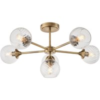Allegra 6 Light Multi Arm Glass Shade Semi Flush Ceiling Lamp Antique Brass