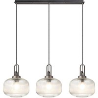 Yorktown Linear 3 Light Pendant E27, Aged Pewter/Matt Black With 30cm Pumpkin Shaped Ribbed Clear Glass