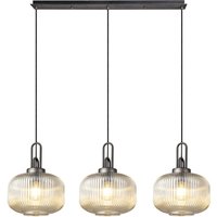 Yorktown Linear 3 Light Pendant E27, Aged Pewter/Matt Black With 30cm Pumpkin Shaped Ribbed Champagne Glass