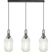Yorktown Linear 3 Light Pendant With 20cm Tubular Ribbed Glass, Aged Pewter/Matt Black Clear