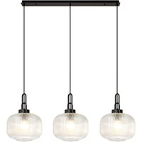 Yorktown Linear 3 Light Pendant E27, Black Chrome/Matt Black With 30cm Pumpkin Shaped Ribbed Clear Glass