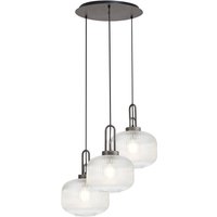 Yorktown 65cm 2m Round Pendant, 3 x E27, Pewter/Matt Black With 30cm Pumpkin Shaped Ribbed Clear Glass
