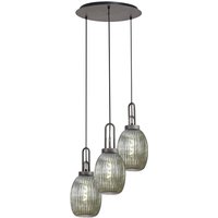 Yorktown 55cm Round 3 Light Pendant With 20cm Almond Ribbed Glass, Aged Pewter/Matt Black Smoked