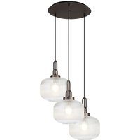 Yorktown 65cm 2m Round Pendant, 3 x E27, Antique Silver/Matt Black With 30cm Pumpkin Shaped Ribbed Clear Glass