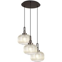 Yorktown 65cm 2m Round Pendant, 3 x E27, Antique Silver/Matt Black With 30cm Pumpkin Shaped Ribbed Champagne Glass