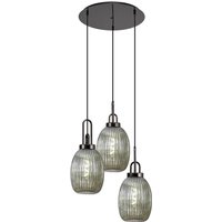 Yorktown 55cm Round 3 Light Pendant With 20cm Almond Ribbed Glass, Black Chrome/Matt Black Smoked