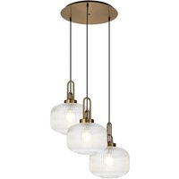 Yorktown 65cm 2m Round Pendant, 3 x E27, Brass Gold/Matt Black With 30cm Pumpkin Shaped Ribbed Clear Glass