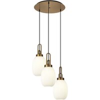 Yorktown 55cm Round 3 Light Pendant With 20cm Almond Ribbed Glass, Brass Gold/Matt Black Opal