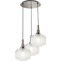 Yorktown 65cm 2m Round Pendant, 3 x E27, Polished Nickel/Matt Black With 30cm Pumpkin Shaped Ribbed Clear Glass