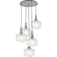 Yorktown 75cm 2.5m Round Pendant, 5 x E27, Pewter/Matt Black With 30cm Pumpkin Shaped Ribbed Clear Glass
