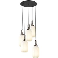 Yorktown 65cm Round 5 Light Pendant With 20cm Tubular Ribbed Glass, Antique Silver/Matt Black Opal