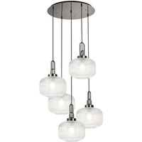 Yorktown 75cm 2.5m Round Pendant, 5 x E27, Polished Nickel/Matt Black With 30cm Pumpkin Shaped Ribbed Clear Glass