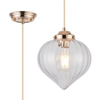 Afton 23cm Single Pendant With Flower Bud Shade 1 x E27, French Gold/Gold Braided Cable/Clear