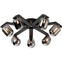 Cortland 64cm Flush Ceiling, 7 Light G9, IP44, Black/Polished Chrome/Smoke Smooth Tubular Glass