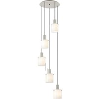 Hudson 66cm Round Pendant, 5 Light Adjustable E27, Beige Stone/Gloss White Wide Line Glass