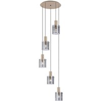 Hudson 66cm Round Pendant, 5 Light Adjustable E27, Light Gold/Smoke Wide Line Glass
