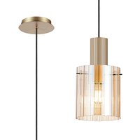 Hudson 21cm Single Pendant, 1 Light Adjustable E27, Light Gold/Amber Wide Line Glass