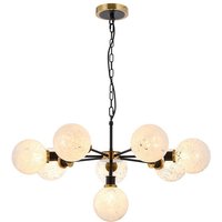 Placid 84cm Pendant, 8 Light E14 With 15cm Round Speckled Glass Shade, Brass, White & Satin Black