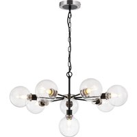 Placid 84cm Pendant, 8 Light E14 With 15cm Round Glass Shade, Satin Nickel, Clear & Satin Black