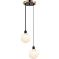 Placid 20cm 2 Light Pendant, E14 With 15cm Round Speckled Glass Shades, Brass, White & Satin Black