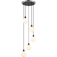 Placid 48cm Round Pendant, 5x E14 With 15cm Round White & Grey Marble Effect Glass Shade, Satin Nickel & Satin Black Framework