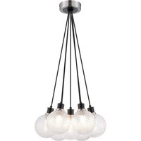 Placid 45cm Round Cluster Pendant, 7 Light E14 With 15cm Round Dimpled Glass Shade, Satin Nickel, Clear & Satin Black