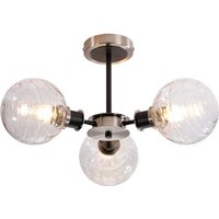 Placid 53cm Semi Ceiling, 3 Light E14 With 15cm Round Textured Melting Glass Shade, Satin Nickel, Clear & Satin Black