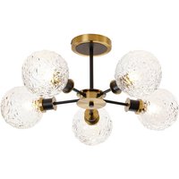 Placid 52cm Semi Ceiling, 5 Light E14 With 15cm Round Textured Crumple Glass Shade, Brass, Clear & Satin Black