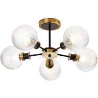 Placid 52cm Semi Ceiling, 5 Light E14 With 15cm Round Dimpled Glass Shade, Brass, Clear & Satin Black