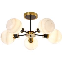 Placid 52cm Semi Ceiling, 5 Light E14 With 15cm Round White & Grey Marble Effect Glass Shade, Brass & Satin Black Framework