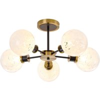 Placid 52cm Semi Ceiling, 5 Light E14 With 15cm Round Speckled Glass Shade, Brass, White & Satin Black