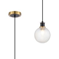 Placid 1.3m Pendant, 1 Light E14 With 15cm Round Textured Diamond Pattern Glass Shade, Brass, Clear & Satin Black