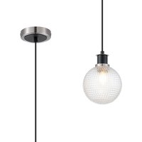 Placid 1.3m Pendant, 1 Light E14 With 15cm Round Textured Diamond Pattern Glass Shade, Satin Nickel, Clear & Satin Black