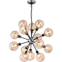 Placid 78cm Pendant, 14 Light E14 With 15cm Round Glass Shade, Satin Nickel, Amber Plated & Satin Black