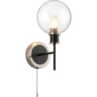Plattsburgh Switched Wall Light, 1 Light E14 IP44 With 15cm Round Glass Shade, Satin Nickel, Clear & Satin Black