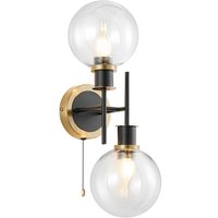Plattsburgh Switched Wall Light, 2 Light E14 IP44 With 15cm Round Glass Shade, Brass, Clear & Satin Black