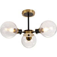 Plattsburgh Semi Ceiling, 3 Light E14 IP44 With 15cm Round Crackled Glass Shade, Brass, Clear & Satin Black