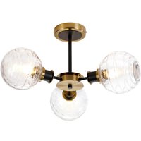Plattsburgh Semi Ceiling, 3 Light E14 IP44 With 15cm Round Textured Melting Glass Shade, Brass, Clear & Satin Black